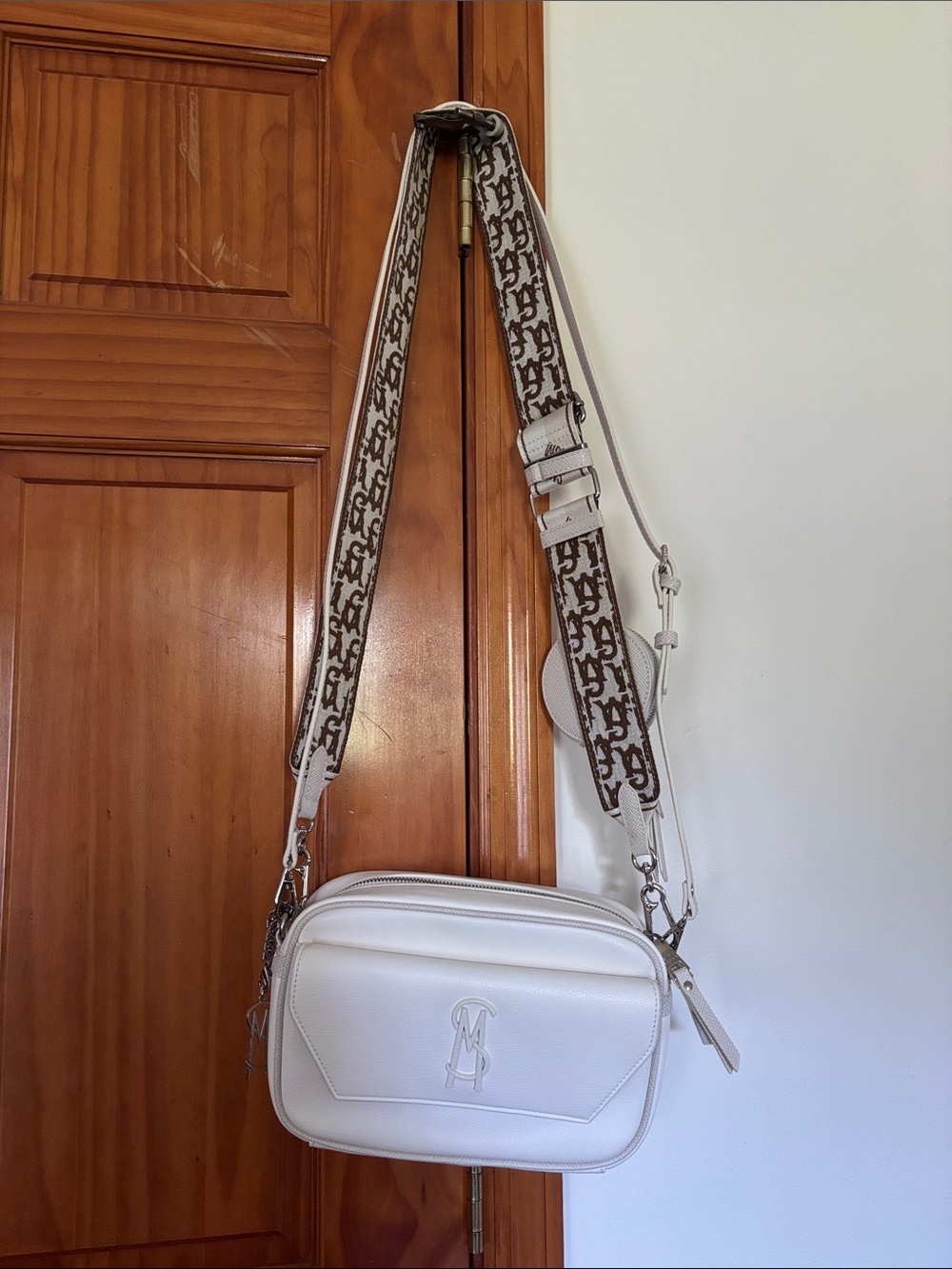 Steve Madden White Camera Crossbody with Monogram Canvas Strap